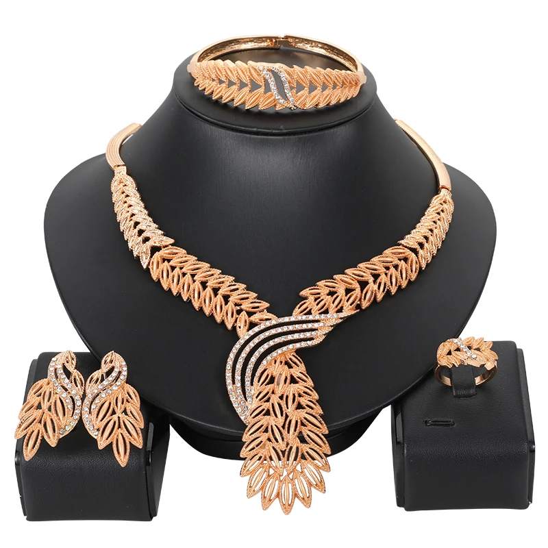 

Африканские Ювелирные наборы модные золотые листья форма Кристалл ожерелье браслет кольцо серьги Свадебные ювелирные изделия аксессуары