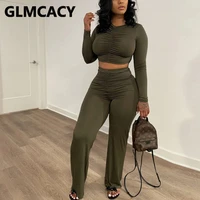 two piece casual suits long sleeve solid crop top slim pants set