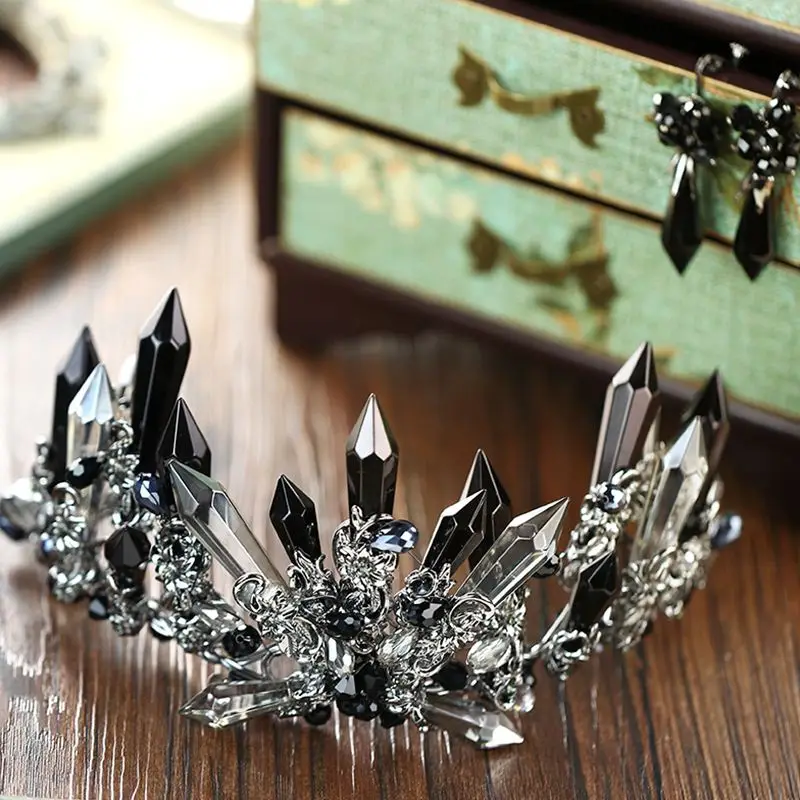 HIMSTORY негабаритных черный барокко королевские Тиары Корона роскошный большой европейский Великолепный Кристалл Королева свадебные аксессуары для волос