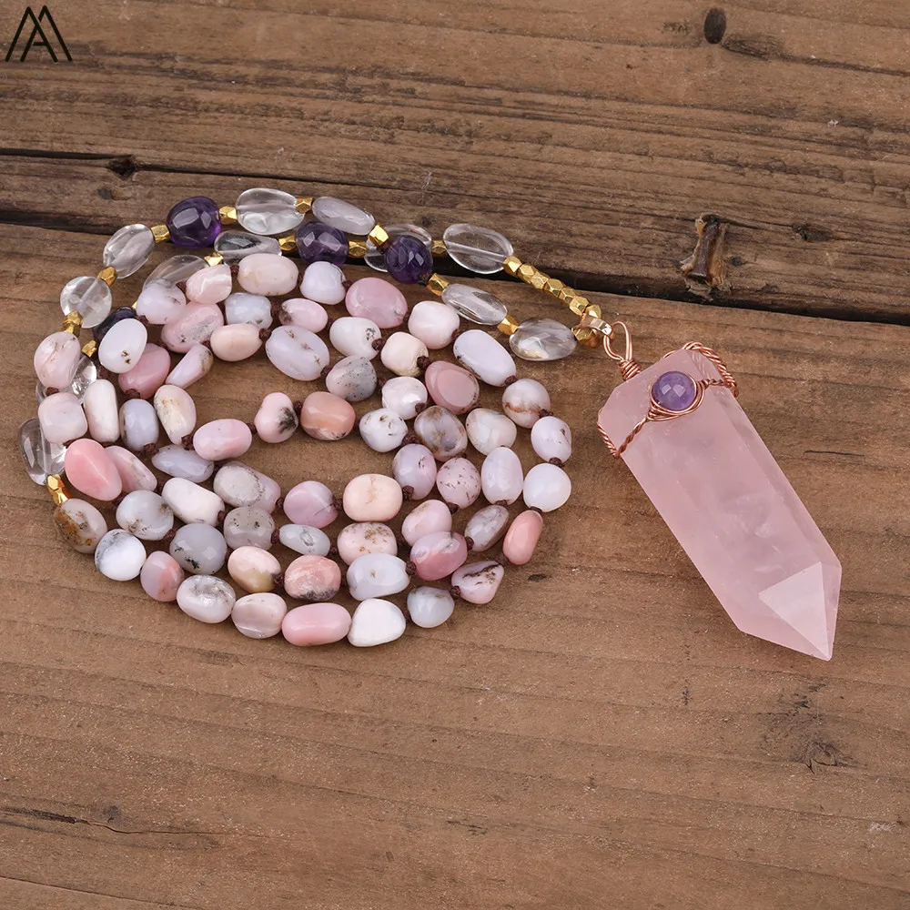 

6-8mm Natural Pink Quartz Point Pendant Pink Opal Stone Beads Handmade Knot Necklace Women Yoga Necklace Long 32 Inch FR-221AMCB
