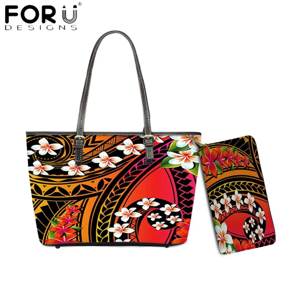 

FORUDESIGNS New Style Women Totes Bag With Purse 2pcs Set Hawaii Polynesian Plumeria Floral Pattern Printing Leather Handbag Sac