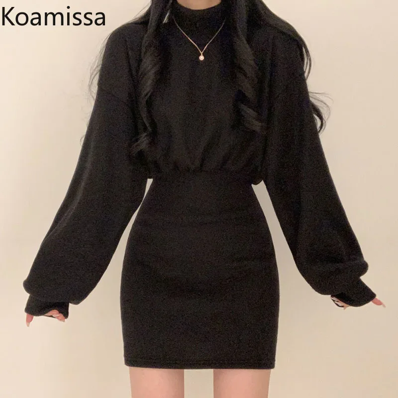 Koamissa Casual Women Knitted Sweater Dress Long Sleeves O Neck OL Chic Korean Dresses Solid Fashion Mini Short Vestidos 2022