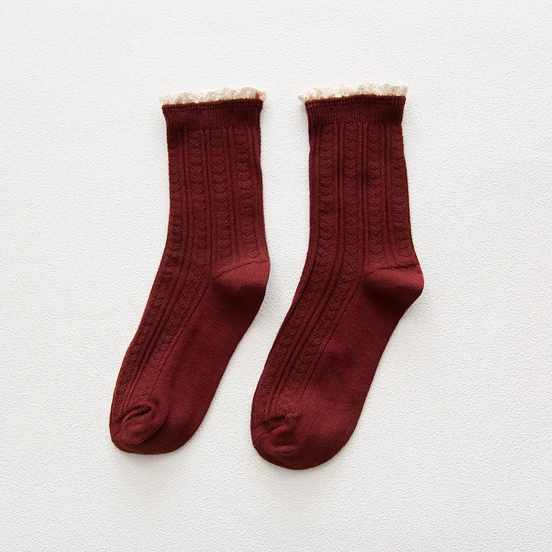 1 пара женские носки Осенние новые модные кружевные хлопковые однотонные милые