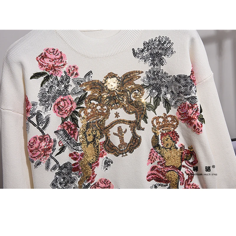 

Tops 2021 Autumn Women Winter Pants Set Korean Sequin Embroidery Flower Loose knitted Sweater + Harem Pants Two Piece Set Women