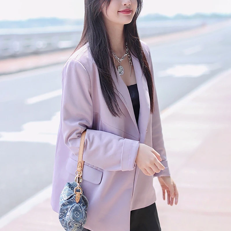 

2020 New Autumn Fashion Women Blazer Full Sleeve Notched High Street Dropped Wild Elegant Purple Slim Waist Jackets C418