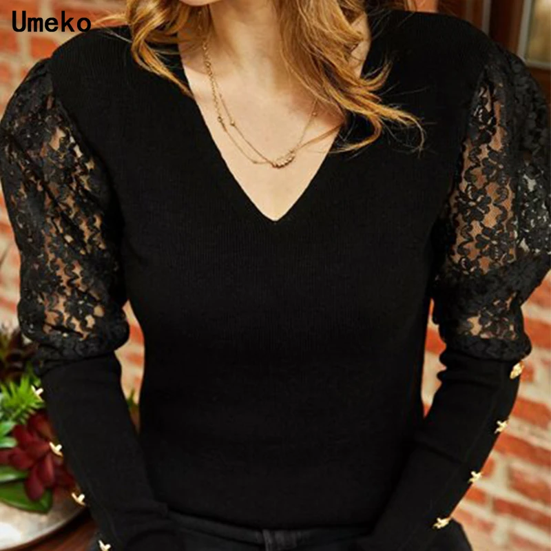 

Umeko Lace Female Plus Size 5XL Autumn Winter White Sweaters Women Fashion Lace Long Sleeve V-neck Pullovers Casual Ladies Tops