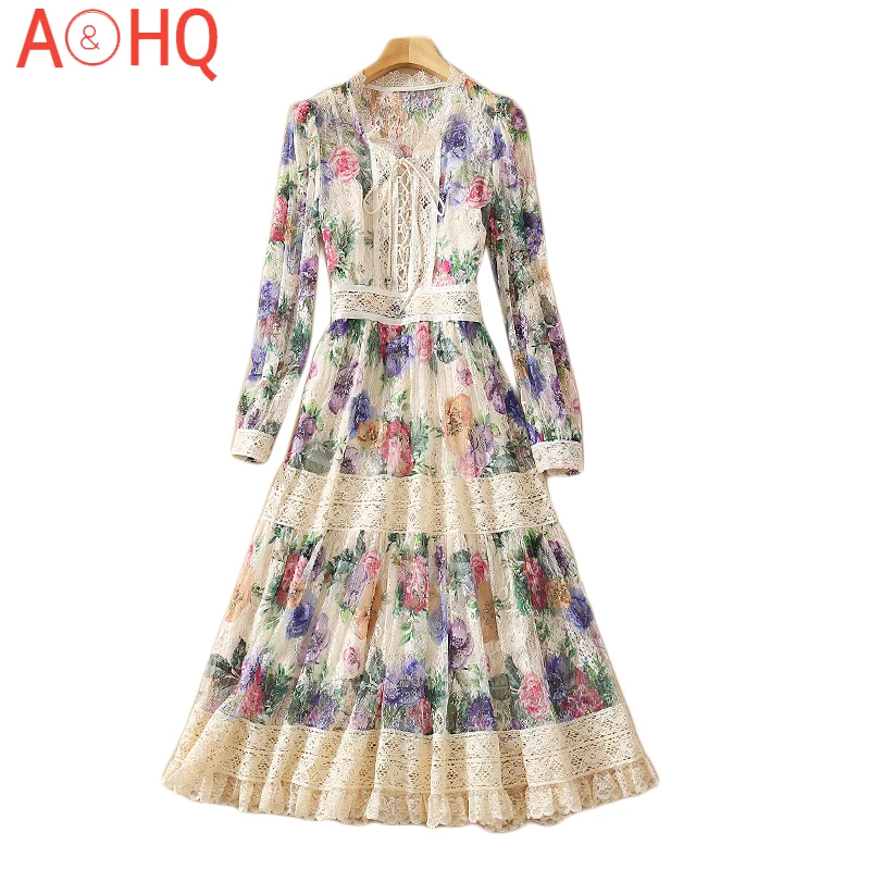 

Runway Fashion 2021 Spring Summer New Women'S Drawstring Long Sleeve Party Casual Flower Print Hollow Lace Elegant Midi Dress