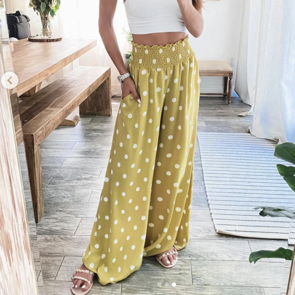 

Women High Waist Wide Leg Pants Mopping Pants Dot Printing Elegant Summer Drape Loose Casual Straight Thin Trousers Plus Size
