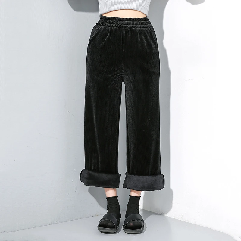 [EAM] High Elastic Waist Black Long Velvet Wide Leg Trousers New Loose Fit Pants Women Fashion Tide Spring Autumn 19A-a25