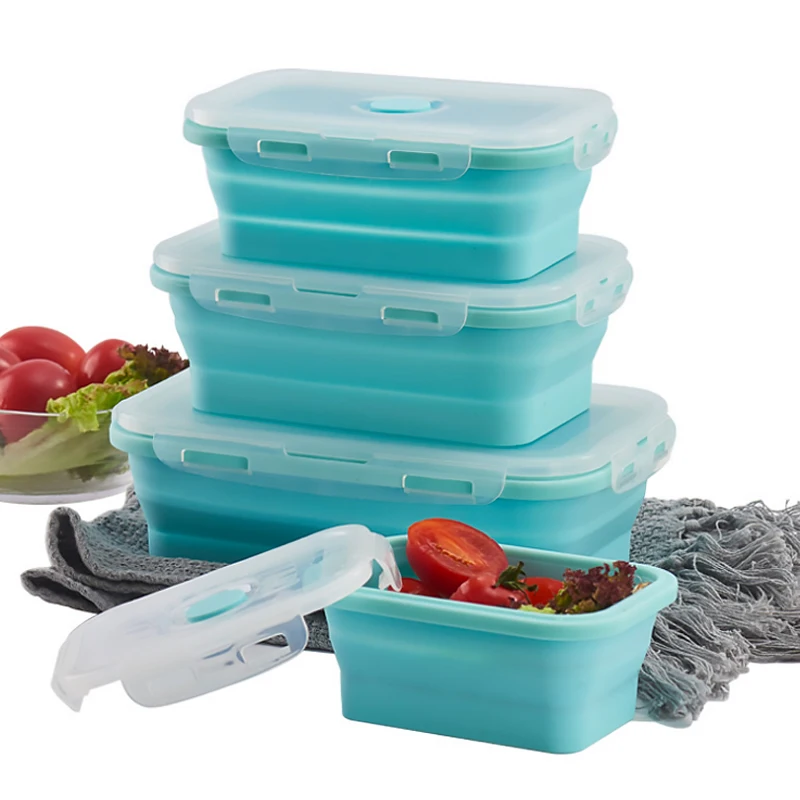 

Foldable Silicone Bento Lunch Box Microwave Portable Lunch Box Set Food Storage Containers Fruit Salad Box Set Freezer 4Pcs/Set