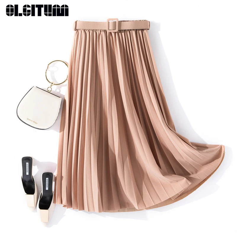 

Women Spring Summer Simple Pleated Skirt High Waist Solid Vintage Temperament Skirt with Belt Ladies Casual Saia Midi Skirt