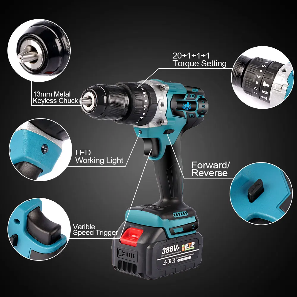 

18V Brushless Cordless Electric impact drill 13mm 3-in-1 Electric drill screwdriver drill for Makita 18V Battery