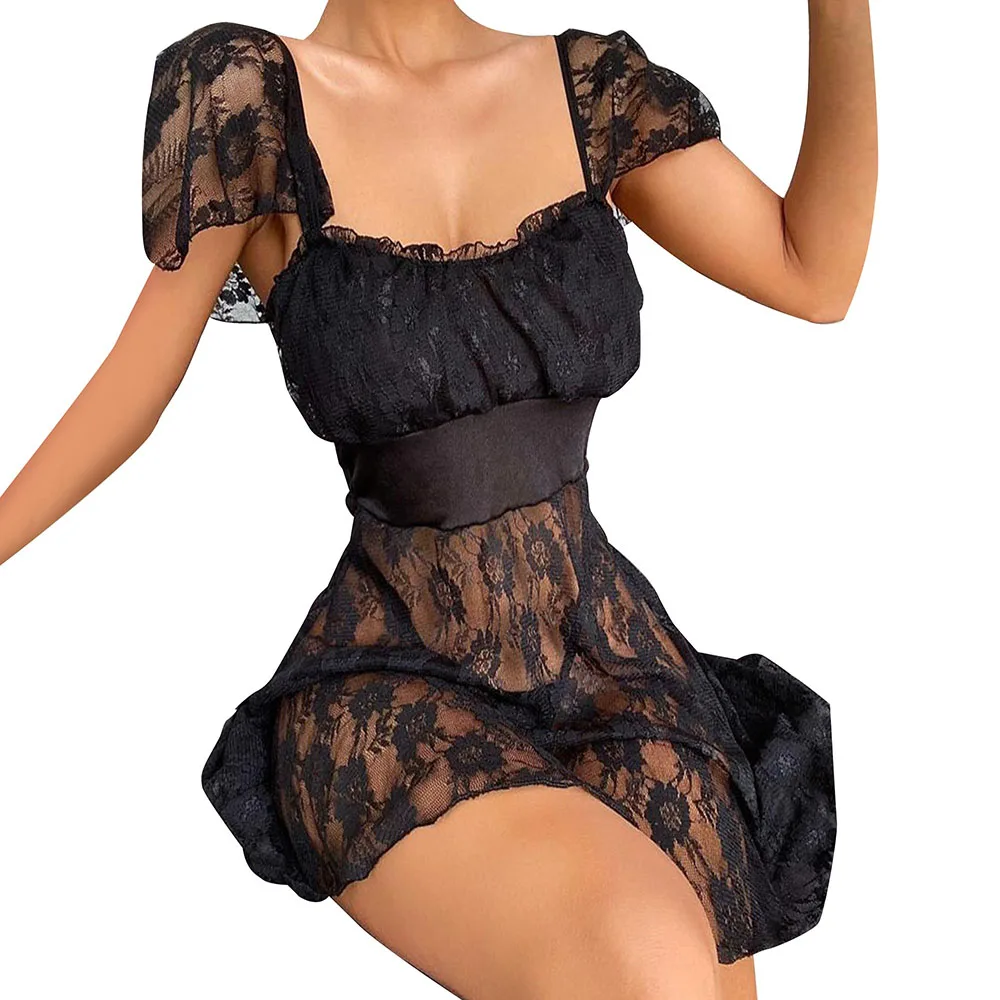 

Женское кружевное сексуальное нижнее белье Babydoll, цветочный пуловер с квадратным вырезом, нижнее белье, платье с коротким рукавом, соблазнит...