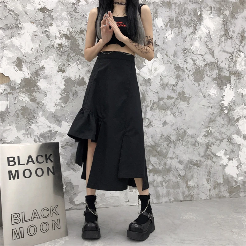 

GothGotik Gothic Harajuku Asymmetrical Slit Split Skirt Sexy Black Skirts For Women Slim Casual Streetwear Spring Summer Fashion
