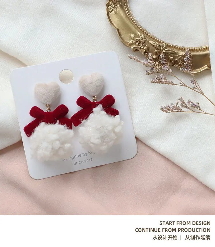 

2020 Winter New Love Wine Red Velvet Lamb Hair Ball Dangle Earrings For Women Jewelry Autumn Net Red Plush Earrings
