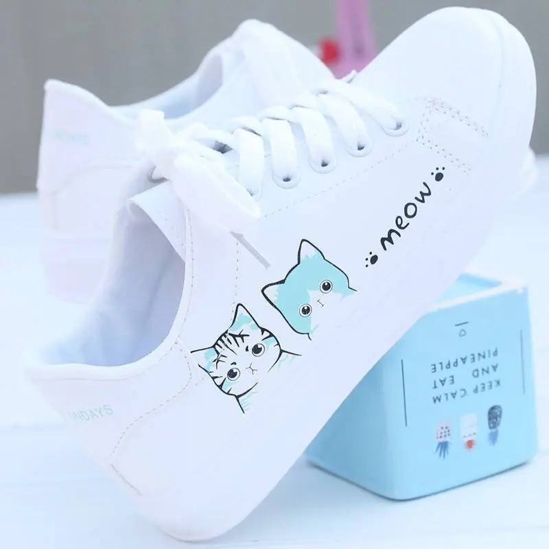 

2020 New Arrival Fashion Lace-up Women Sneakers Women Casual Shoes Printed summer Women Pu Shoes Cute Cat Canvas Shoes