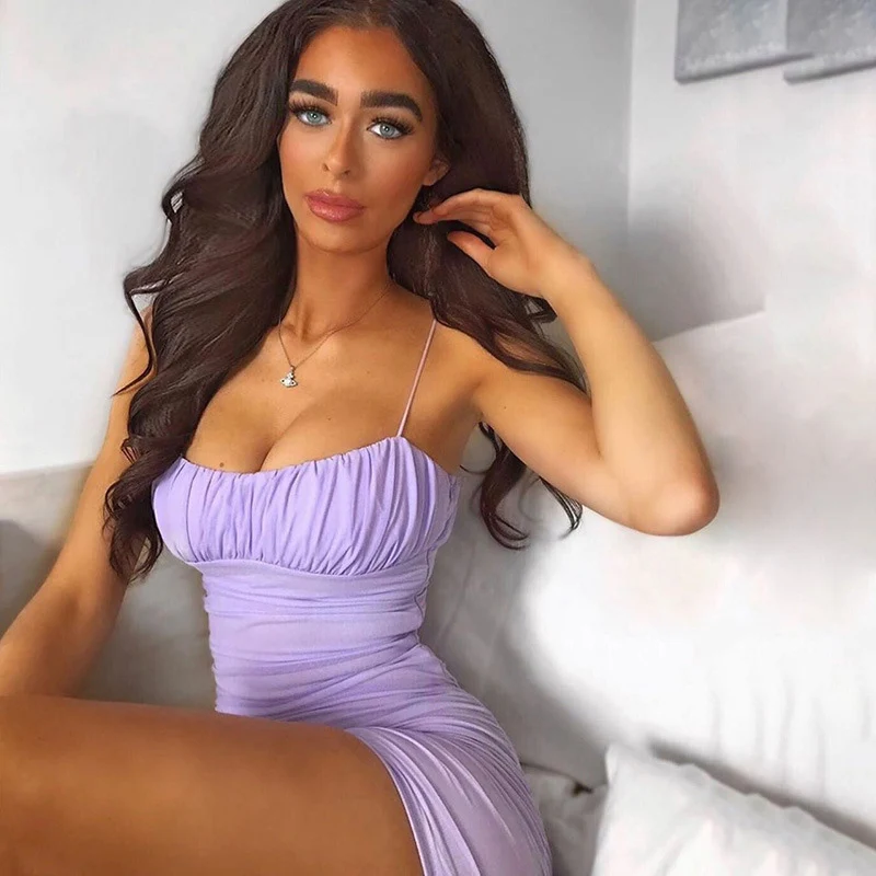 

Lady Slim Skinny Fashion Mini Bodycon Dress Sling Sleeveless Purple Black Ruched Club outfits for women wear Party dresses Mujer
