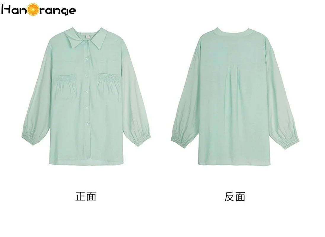 

2021 Summer Thin Loose Tops Shirred Female Solid Color Shirring Pockets Women Chiffon Shirt Long-sleeved