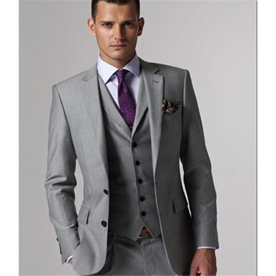 

3 Piece Jacket+Pants+Vest Latest Coat Pants Designs Grey Men Suits Wedding Groom Groomsmen Formal Blazer Handsome Men Tuxedos
