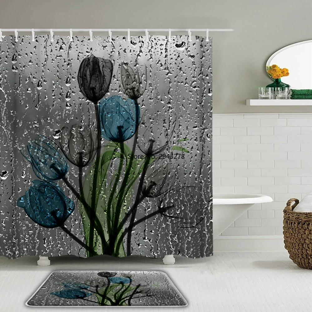 

Rose&Butterfly Waterproof Shower Curtain Set Bathroom Non-slip Mat Set Rug Toilet Bath Mat Rugs Decor Shower Curtain With Hooks