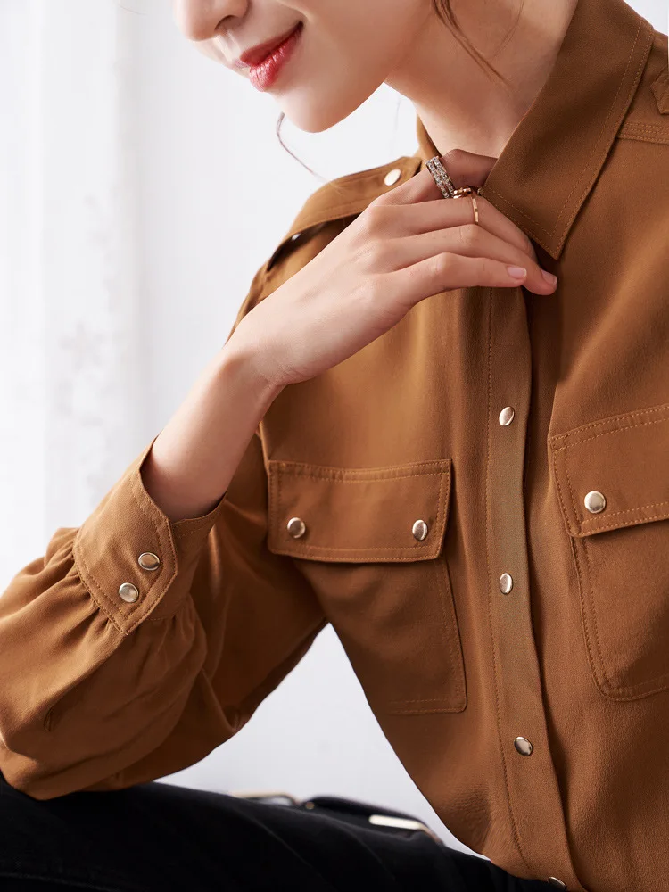 

New silk Gold button Double Pocket Shirt Long Sleeve Silk Shirt White Shirt