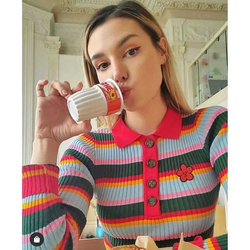 

Свитер женский трикотажный, короткий, в стиле Харадзюку, с V-образным вырезом, Полосатые кардиганы