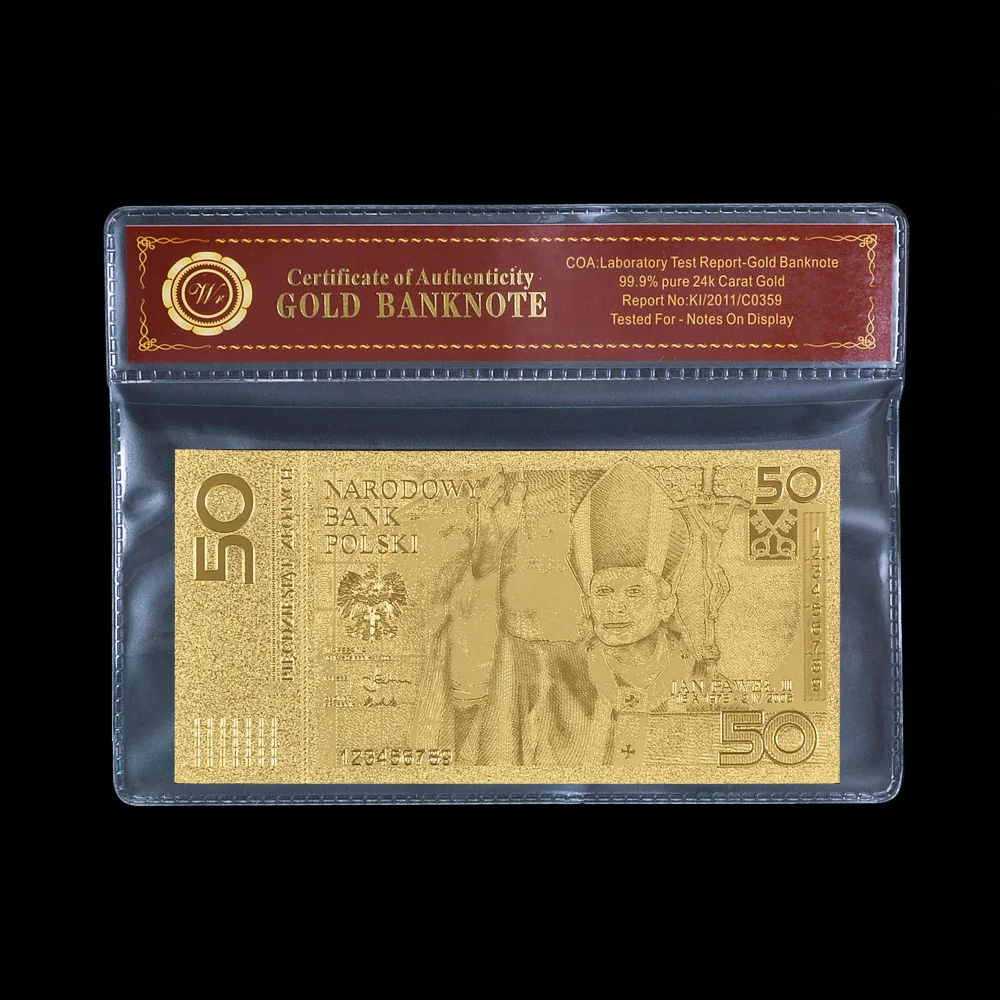 Золотая банкнота Папы Иоанна Павла II 50 злотых в польском стиле для коллекции 999