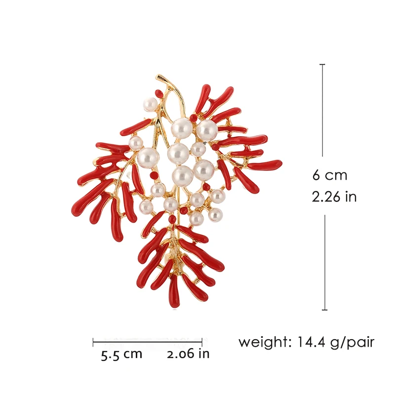 Брошь женская с эмалью VEYO красного цвета кораллом и жемчугом | Украшения