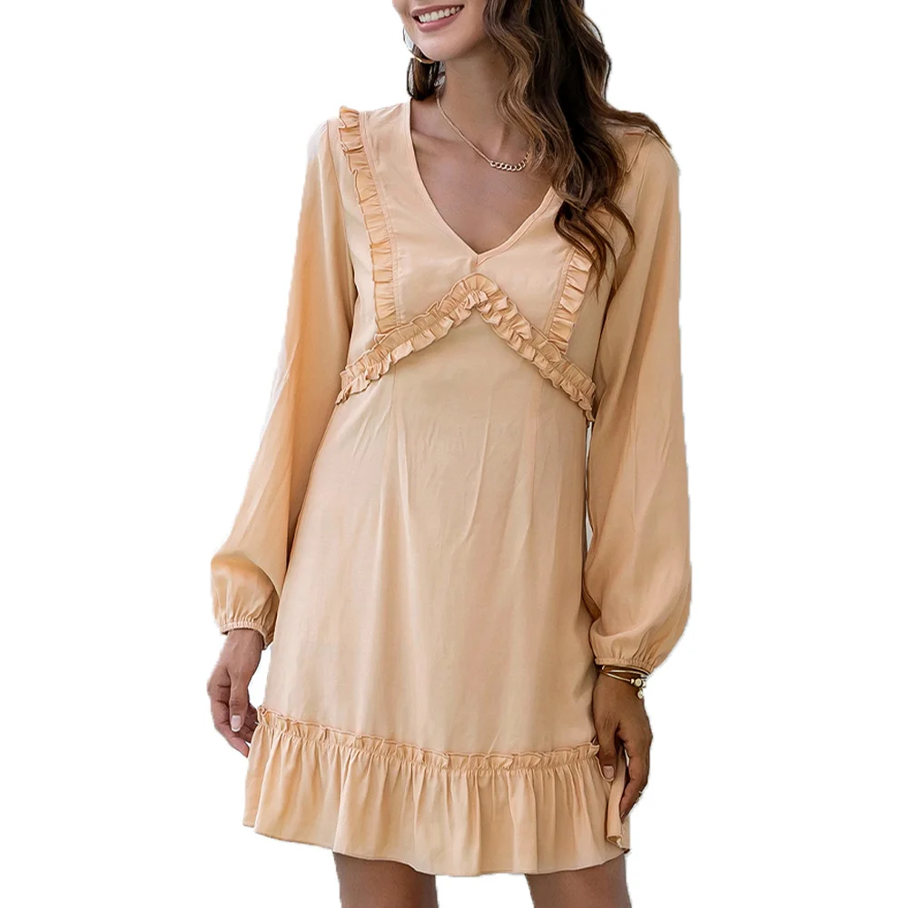 

VICABO Womens Dress Solid Long Puff Sleeve Party Dress Casual Slim Fit V Neck Mini Dresses Autumn Dress for Women