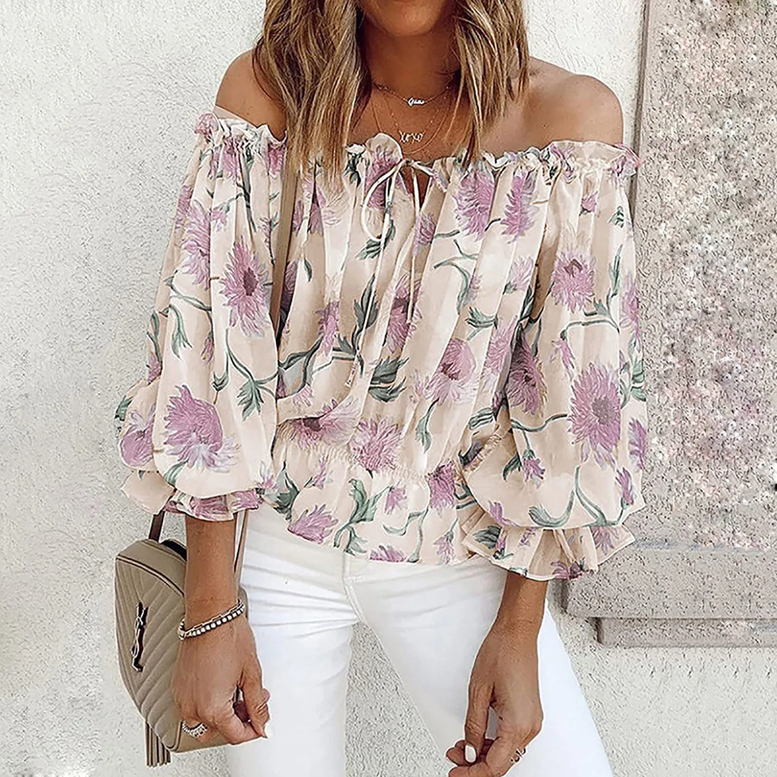 

2021 Summer Chiffon Women Blouse Shirt Slash Neck Sexy Off Shoulder Ruffle Flowy Women Tunic 3/4 Sleeve Loose Blouse Tops Blusas
