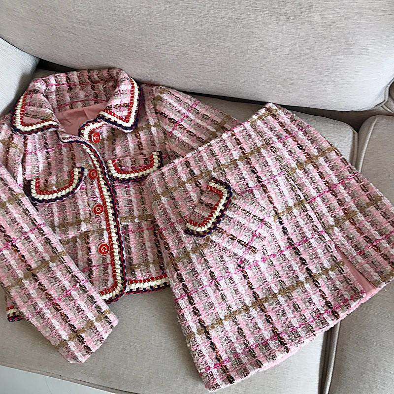 Костюм с юбкой коллекция 2019 года Модный клетчатый твидовый короткий жакет