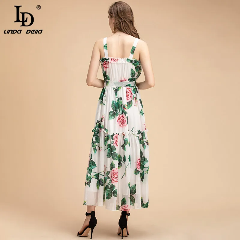 

LD LINDA DELLA Runway Fashion Summer Dress Women Spaghetti Strap Belt Rose Floral Print Ruffles Chiffon Holiday Party Long Dress