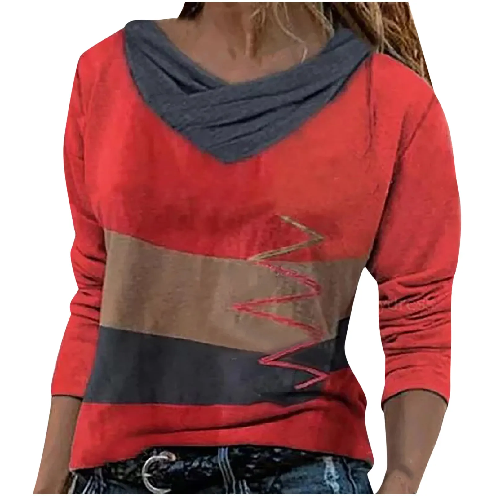 

SAGACE Women Tops Diamond Stitching Color Pullover Cross Turtleneck Printing Long Sleeve Sweaters Vintage Casual Blouse