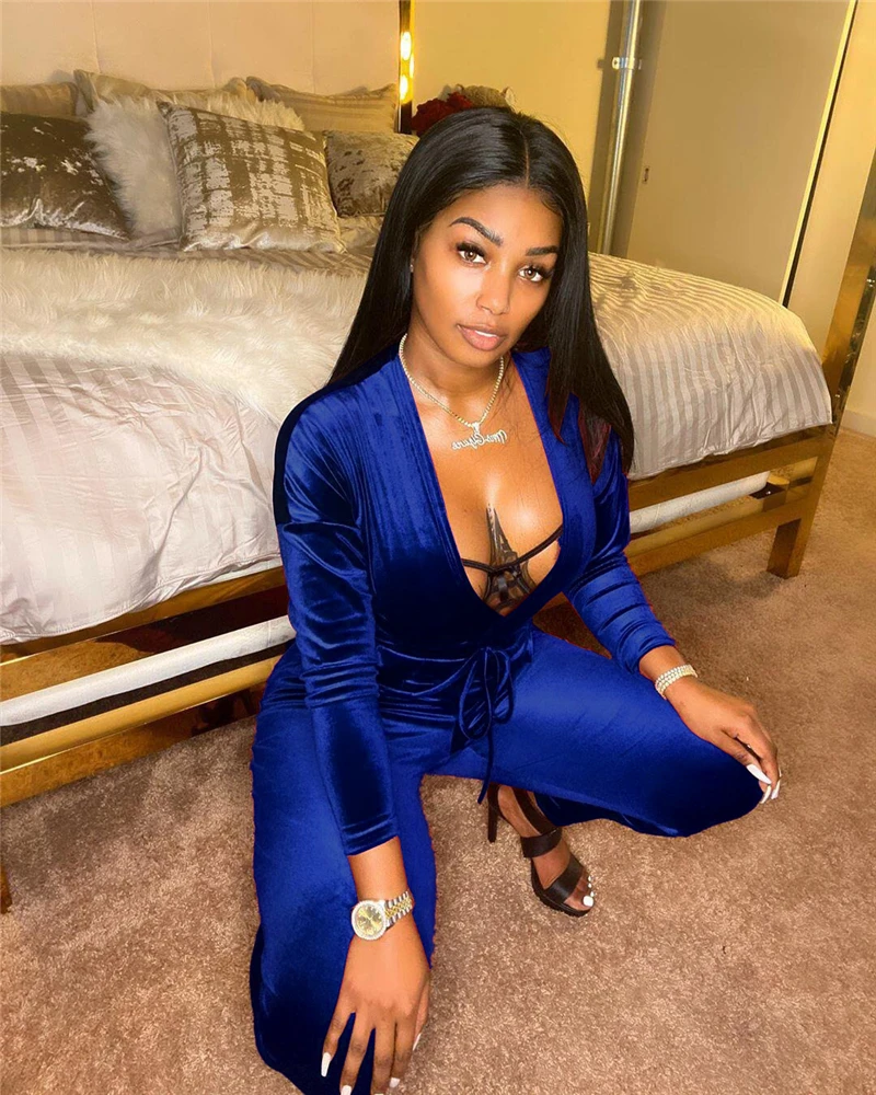 

Cutubly Deep V Neck Casual Jumpsuits For Women Autumn Winter Velvet Sexy Jumpsuit Long Sleeve Drawstring Slim Casual Romper