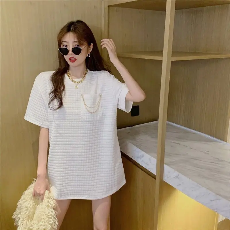 

The new spring and summer long render unlined upper garment of female in the 2021 grid relaxed joker T-shirt inside take short s