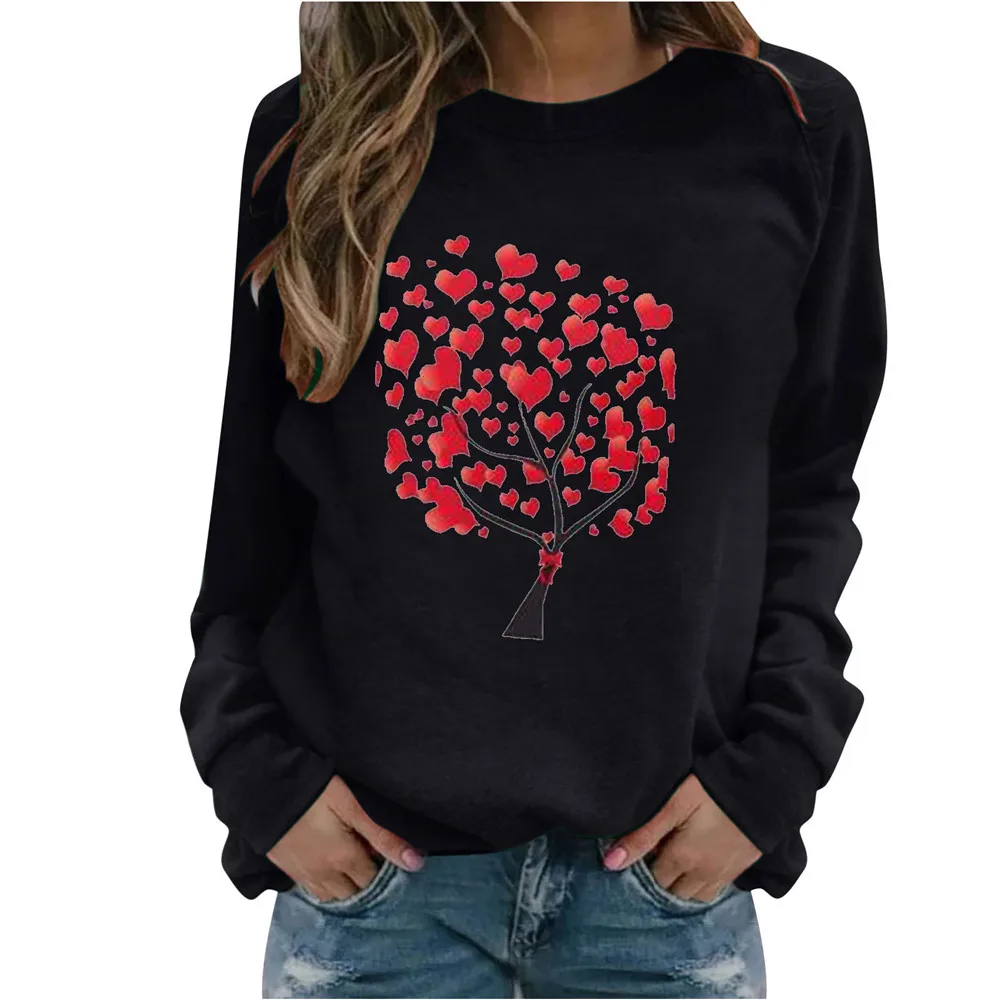 

Long Sleeve Oversized Tshirts Women Love Heart Tree Printed Pullover Cotton Tops Casual Spring Female Clothes