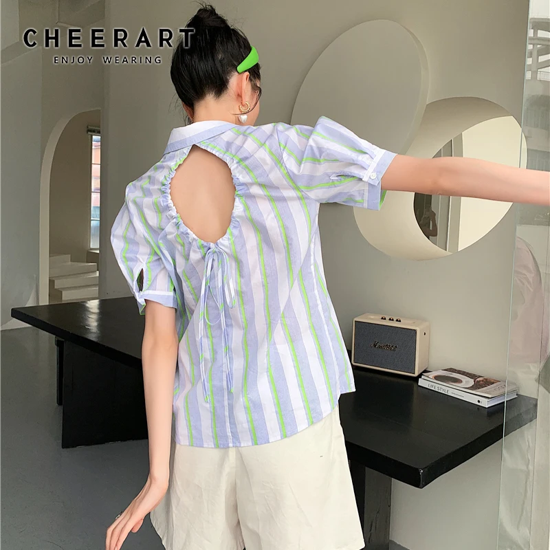 

CHEERART Backless Open Back Striped Button Up Shirt 2021 Fashion Women Summer Puff Short Sleeve Collared Shirt Designer Clothes