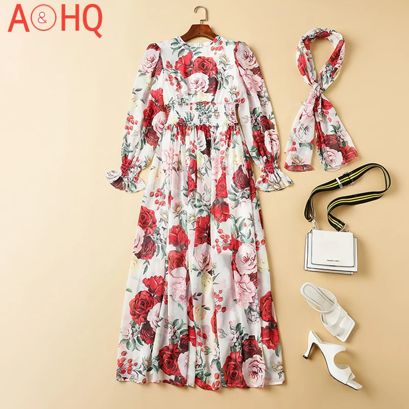 

Long Dress Spring Fashion New Women'S Bohemian Casual Holiday Party Beach Elastic Band Flowers Print Chiffon Dresses