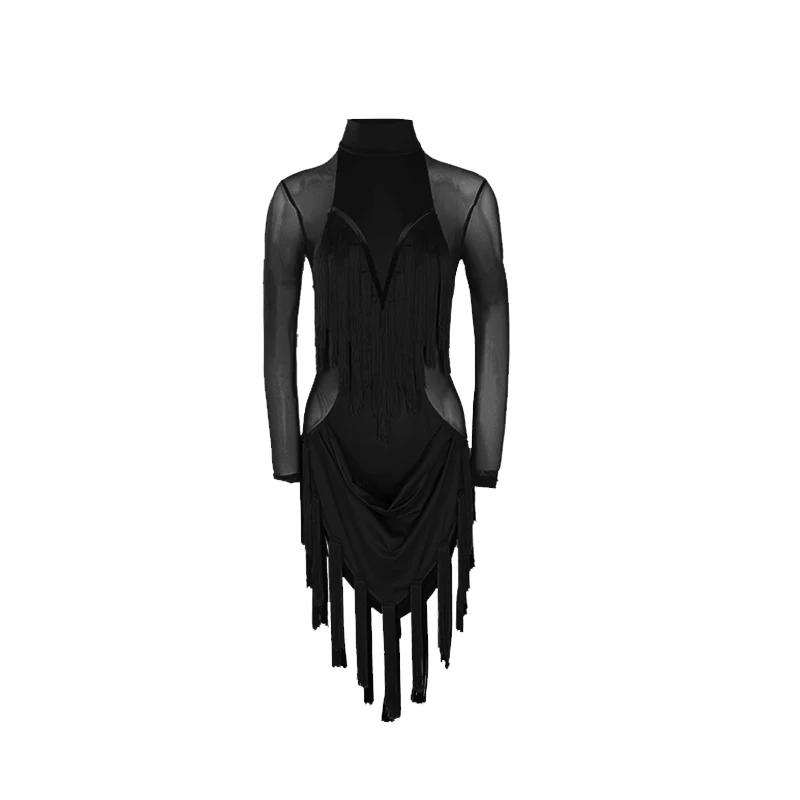 Women'S Latin Dance Dress Sexy Mesh Tassel Long Sleeve Ballroom Dresses Dancing Costumes Danse Salsa Performance Outfits DWY3293 |