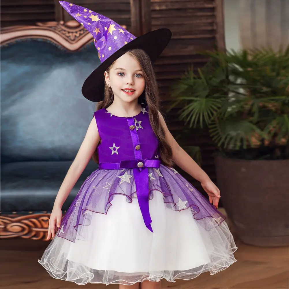 2019 Halloween costumes girls sleeveless Star Party dress with hat 2pcs suits kids dresses for princess robe fille | Детская одежда и
