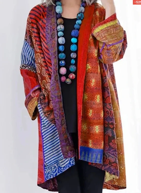 

Loose Ethnic Style Plus Size Women's Jacket Long-sleeved Printing Casual Lapel Straight-tube Cardigan Jacket Streetwear Spring