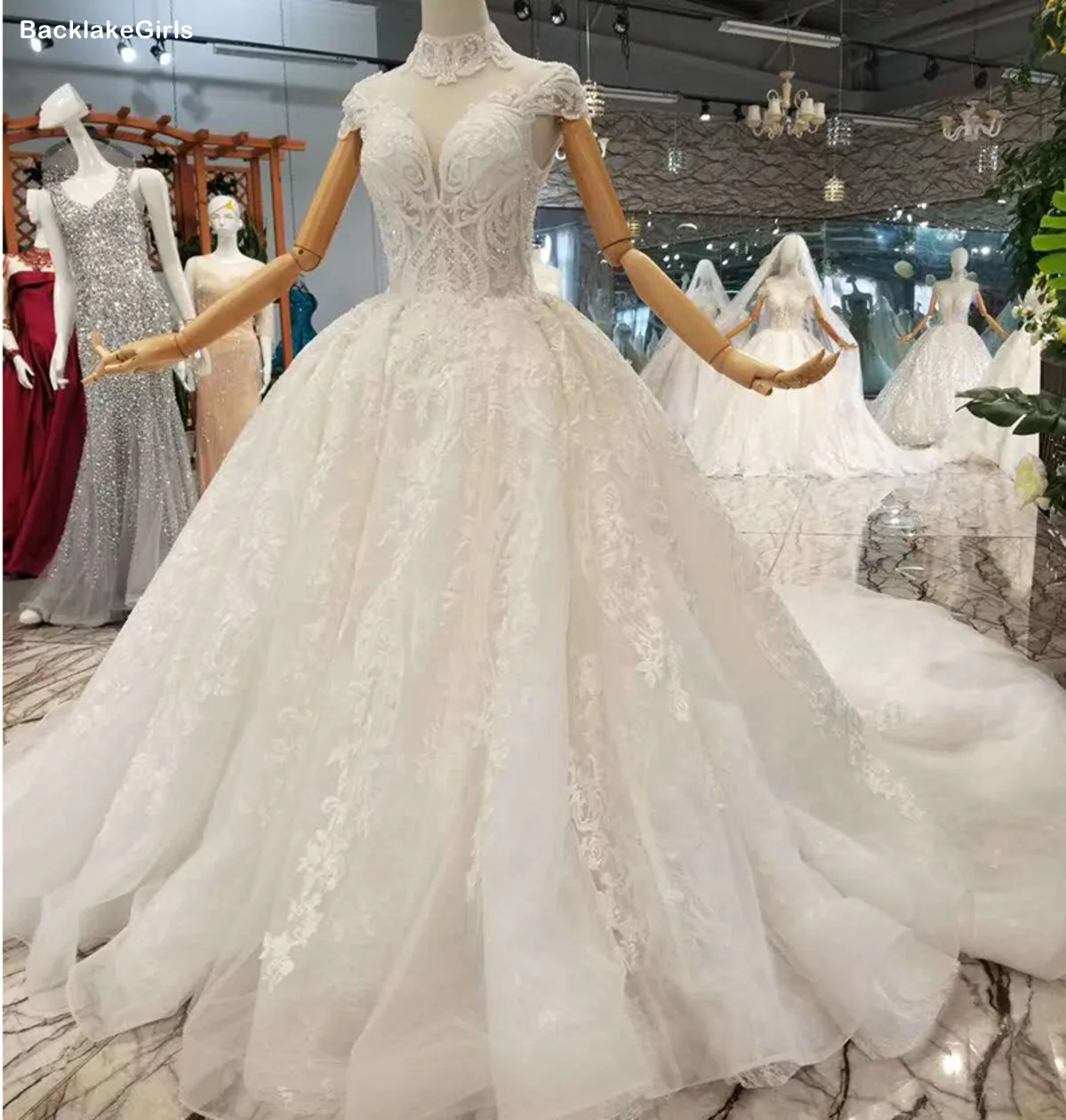 Бесплатная доставка свадебное платье белое с высоким воротом рукавами