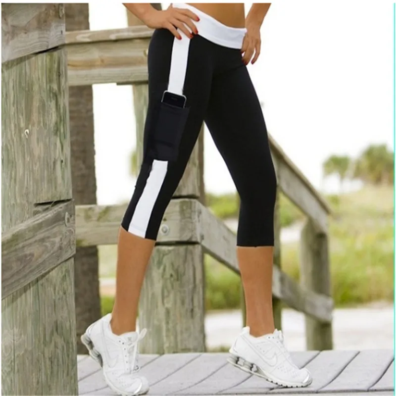 

Women Patchwork Leggings High Waist With Pocket Sports Fitness Leggings Gym Slim Ladies Cropped Pants Leggins