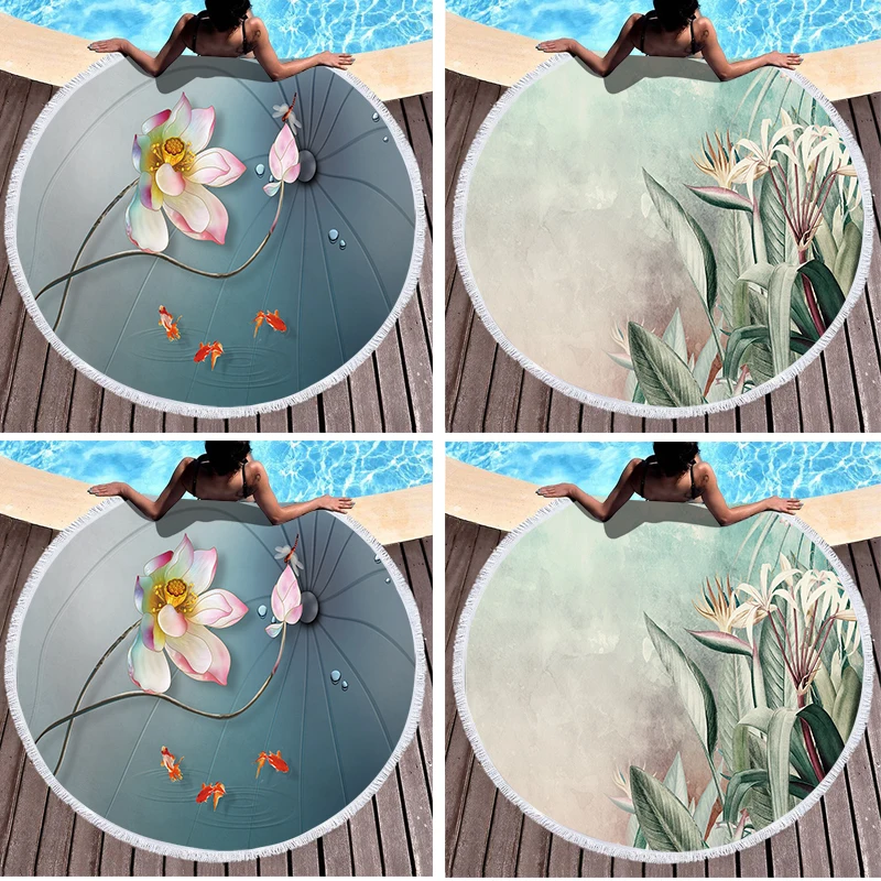 

Круглое пляжное полотенце с рисунком лотоса, прочное, мягкое, толстое, быстросохнущее, абсорбирующее, с защитой от песка, для пляжа, 150