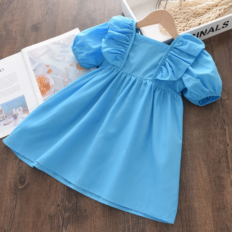 

Kids Girls Solid Color Blue Dress Children Cute Ruffles Princess Costumes Baby Summer Casual Clothes Lovely Party Clothing 2-7Y