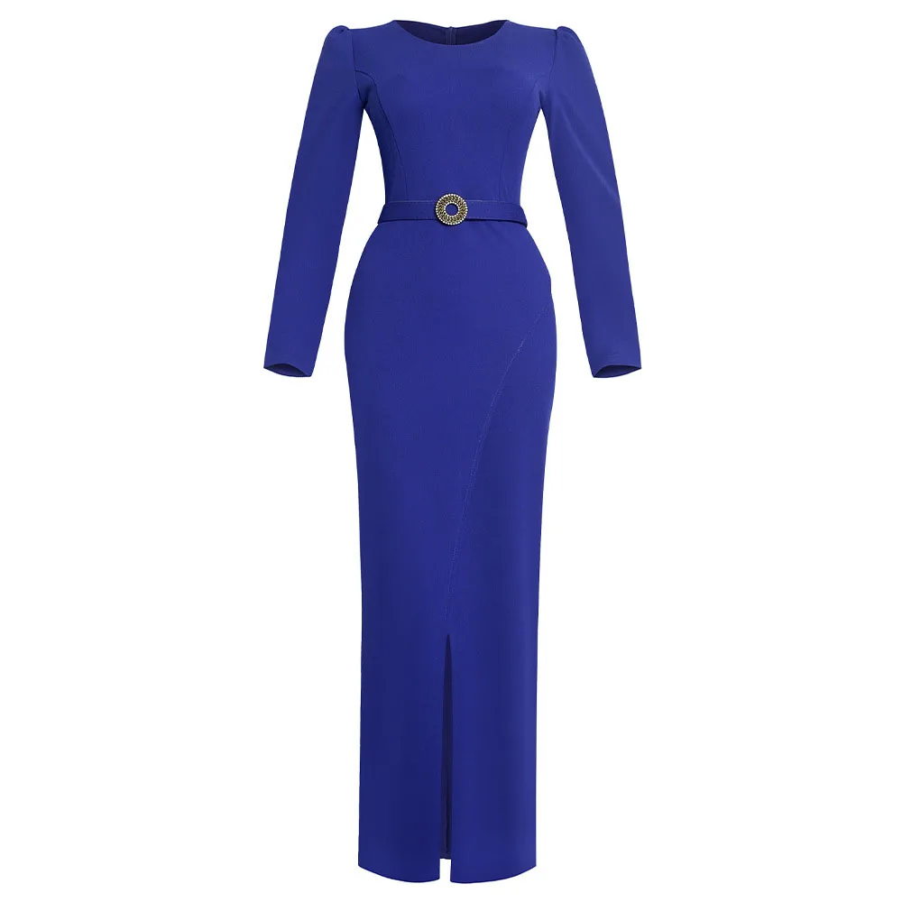 

Office Lady Long Dress Women Elegant OL Business Female High Waist Autumn Fall Long Sleeve Maxi Dresses With Slit White Classy
