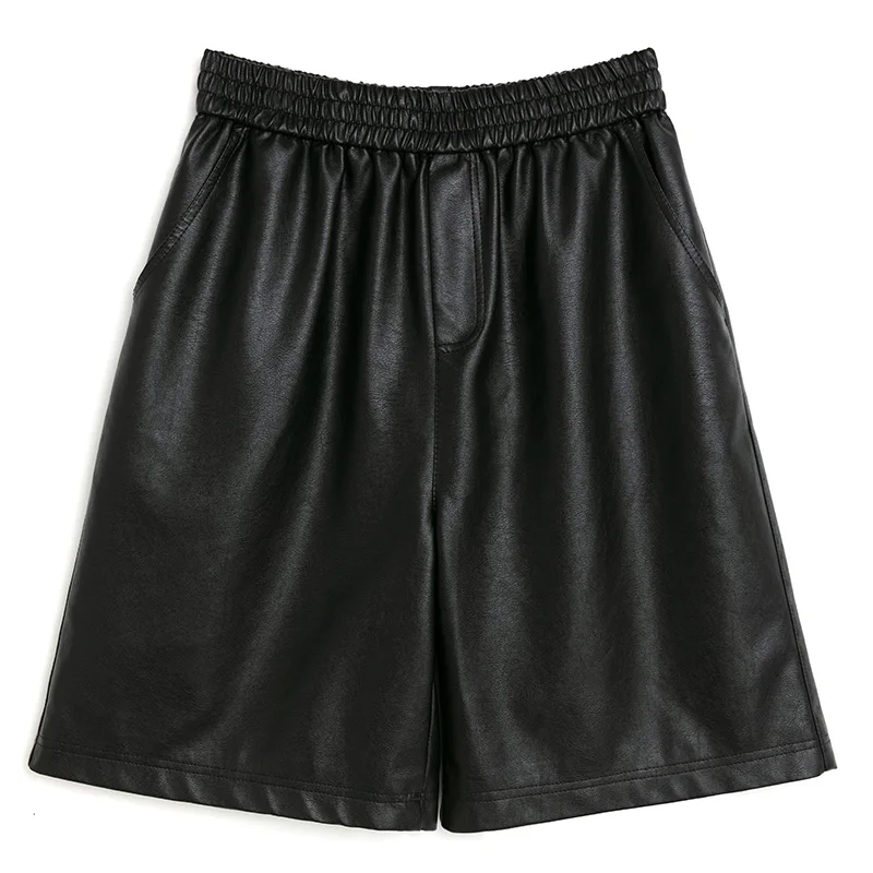 

Women Autumn Loose Five Points Leather Trouser Shorts Fashion Casual Solid High Waist Pu Leather Sexy Shorts Plus Size 5xl