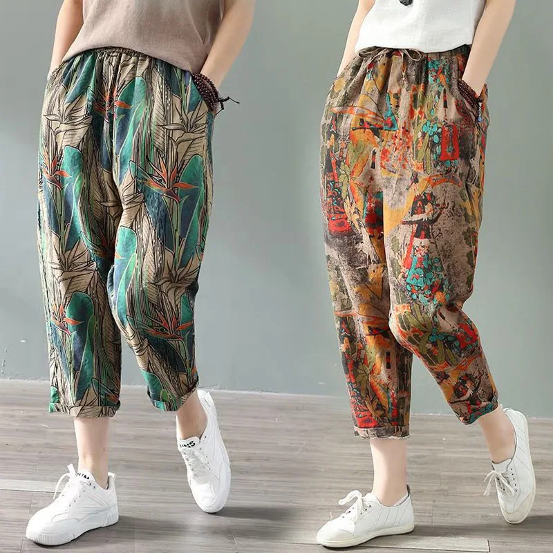 

2021 Summer Fashion Printed Cotton Linen Harem Pants For Women Casual High Waist Calf-Length Loose Trousers Female Streetwear