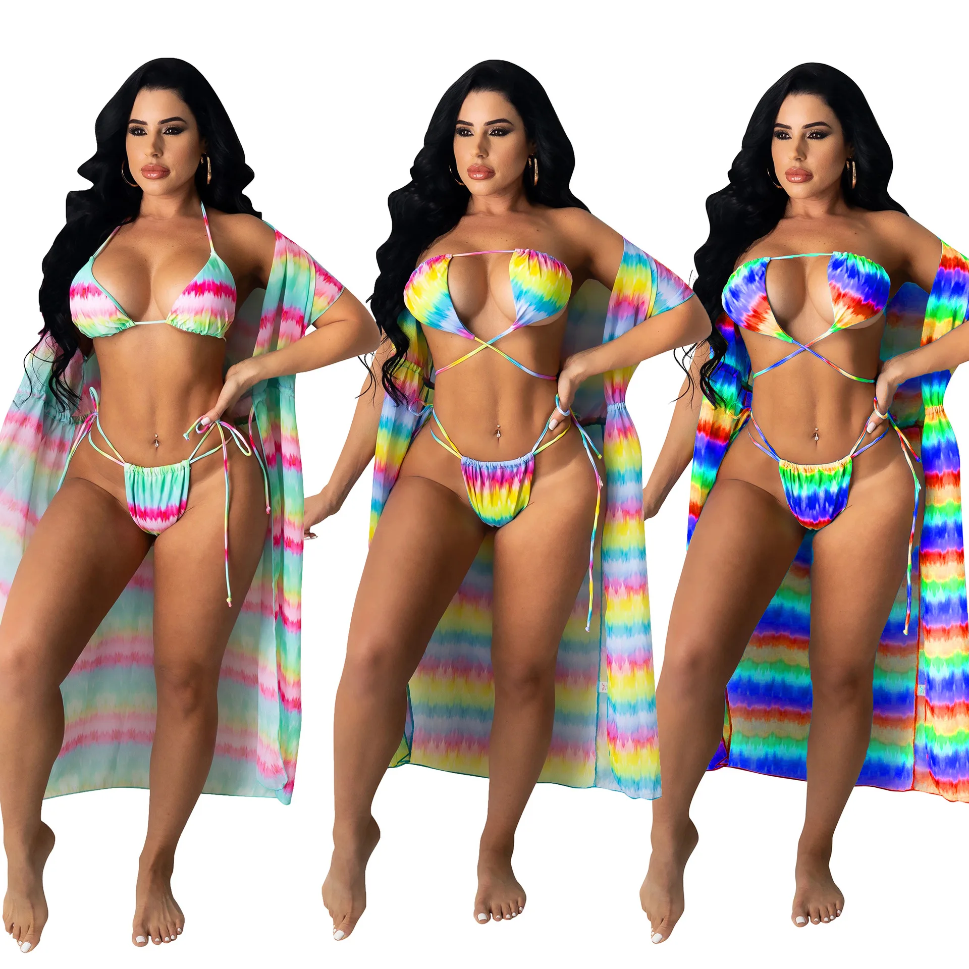 

Halter Colorful Bikini Set Women Swimwear Female Swimsuit Three-pieces Bikini set With Cover Up Bather Bathing Suit Swimwear
