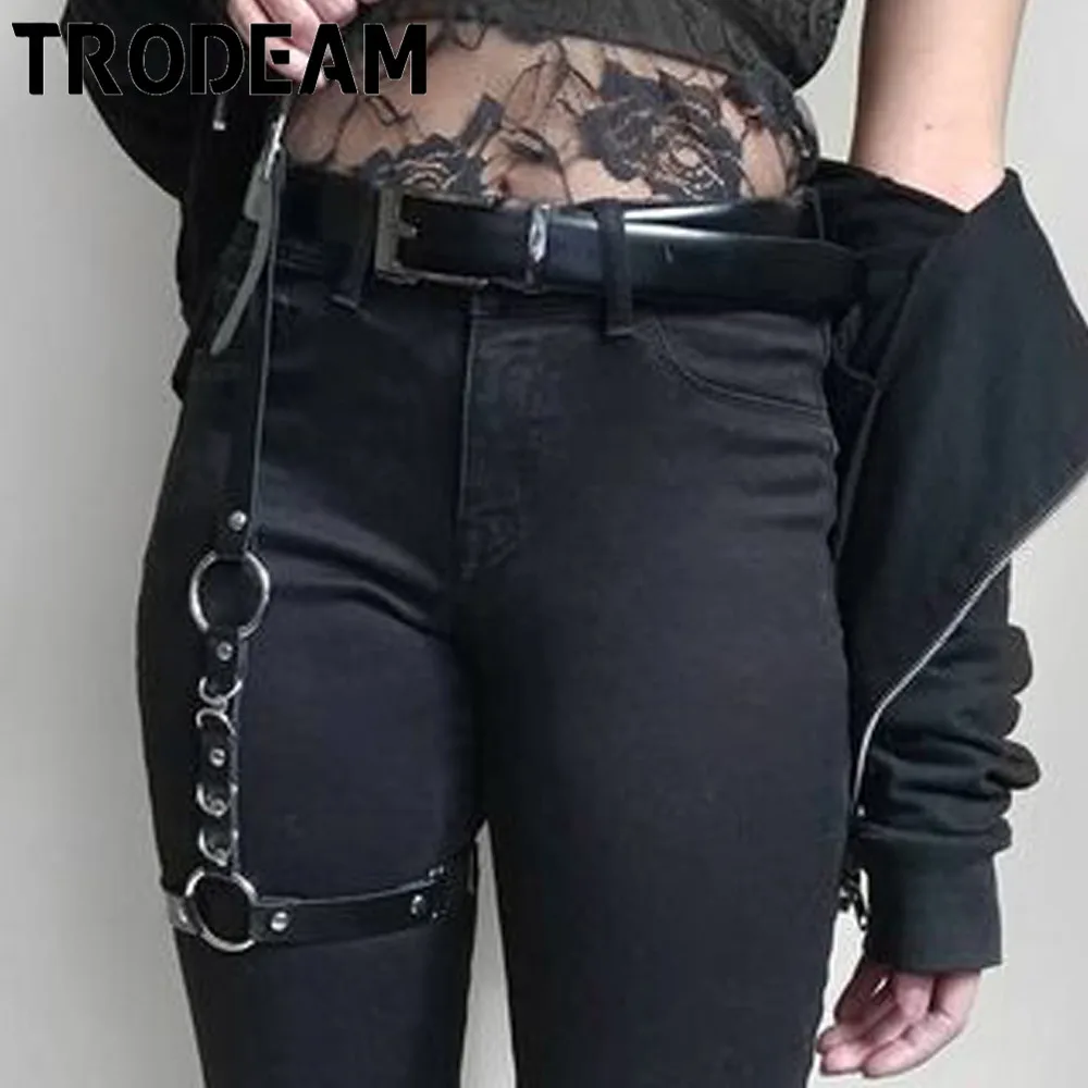 TRODEAM Bdsm Leather Harness For Women Waist Band Sexy Stockings Single Leg Bondage Thigh Harness Goth Suspenders Lingerie Punk